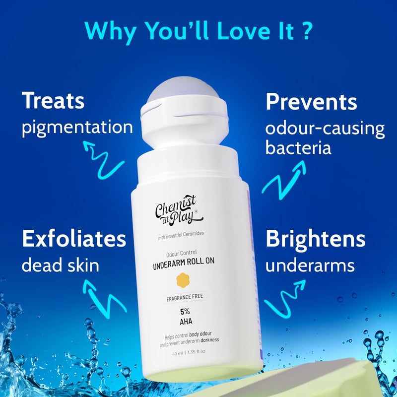 Chemist at Play UnderArm Roll-On with 5% AHA| Lactic & Mandelic Acid|Prevents Odour, Brightens Skin & Exfoliates Underarm | For Sensitive Skin | Fragrance-Free | Alcohol & Aluminium Free | 1.35 fl oz - Image 2