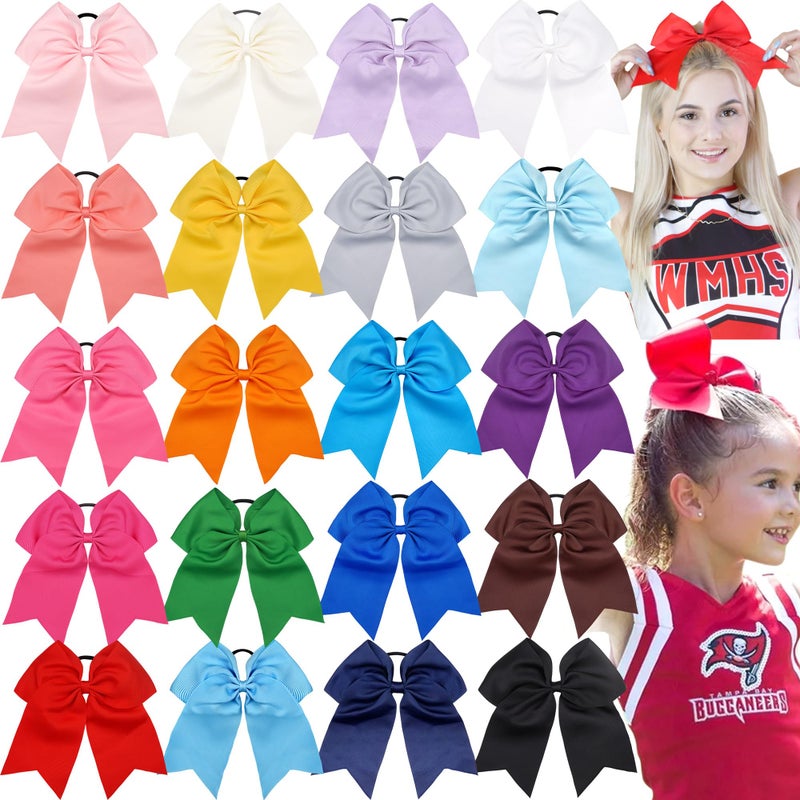 JOYOYO 20Pcs 8 Large Cheer Bows for Girls Ponytail Holder Grosgrain Ribbon Cheerleading Bows Elastic Hair Tie Bands for Baby Girls School College Teens Senior Cheerleader