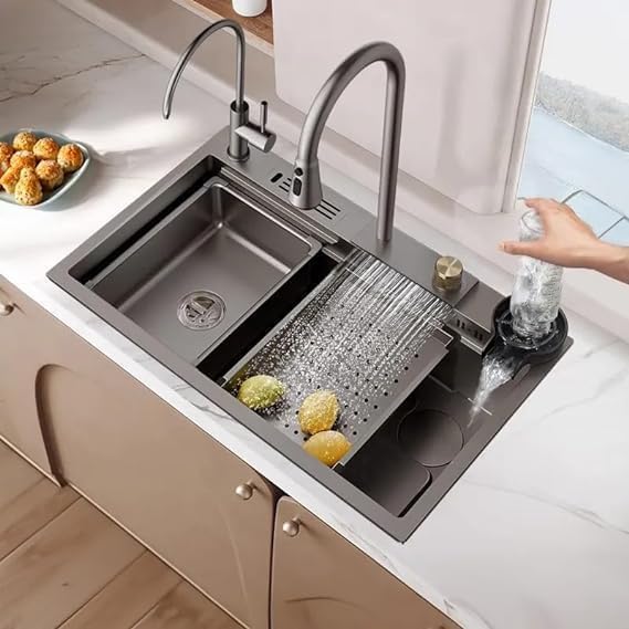 EVANEX Kitchen Sink 304 Grade 30 x 18 x 9 Anti Scratch Design With Integrated Waterfall And Pulldown Faucet Set All Accessories All In One Stainless Steel Sink For Kitchen Nano Coated - Image 1