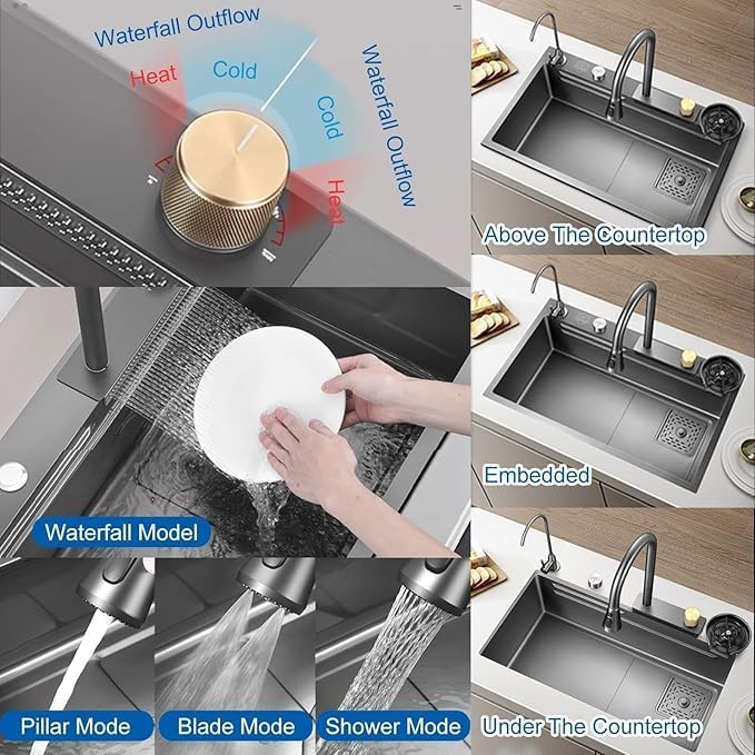 EVANEX Kitchen Sink 304 Grade 30 x 18 x 9 Anti Scratch Design With Integrated Waterfall And Pulldown Faucet Set All Accessories All In One Stainless Steel Sink For Kitchen Nano Coated - Image 3
