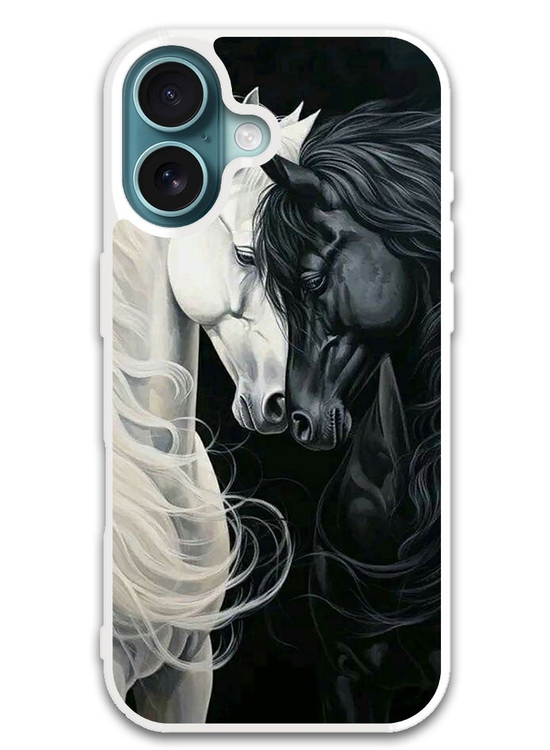 Theodor Protective Case Cover For APPLE IPHONE 16 Plus Black and White Horse (White Bumper) - Image 1