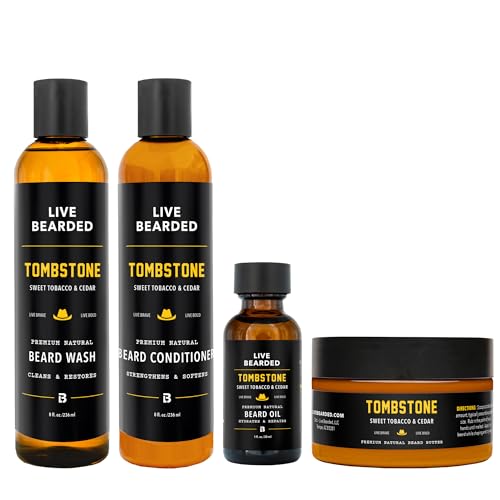 Live Bearded Complete Beard Grooming Kit, Made in the USA with All-Natural Ingredients - Beard Wash, Conditioner, Beard Butter & Beard Oil Kit - Mens Gift Set, in Scent Tombstone, Tobacco & Cedar - Image 1