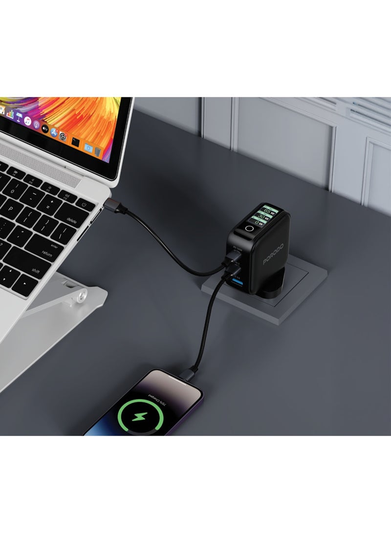 porodo Nexora 65W 3-Port Wall Charger with LCD Display / GaN Technology / Laptop Charger / PD 65W,QC 30W -  Black - Image 2