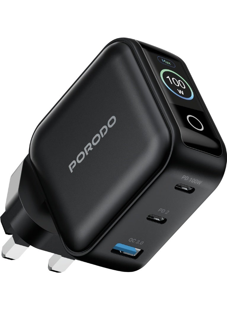 porodo Nexora 65W 3-Port Wall Charger with LCD Display / GaN Technology / Laptop Charger / PD 65W,QC 30W -  Black - Image 1