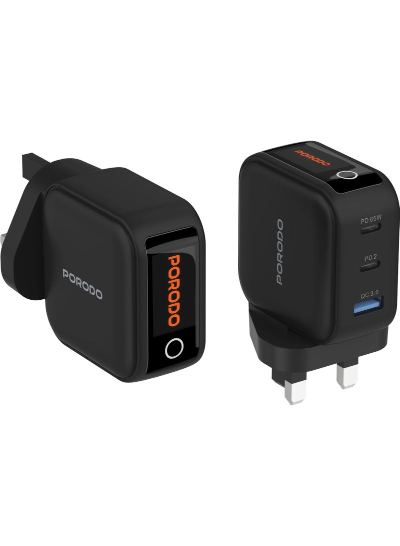 porodo Nexora 65W 3-Port Wall Charger with LCD Display / GaN Technology / Laptop Charger / PD 65W,QC 30W -  Black - Image 4
