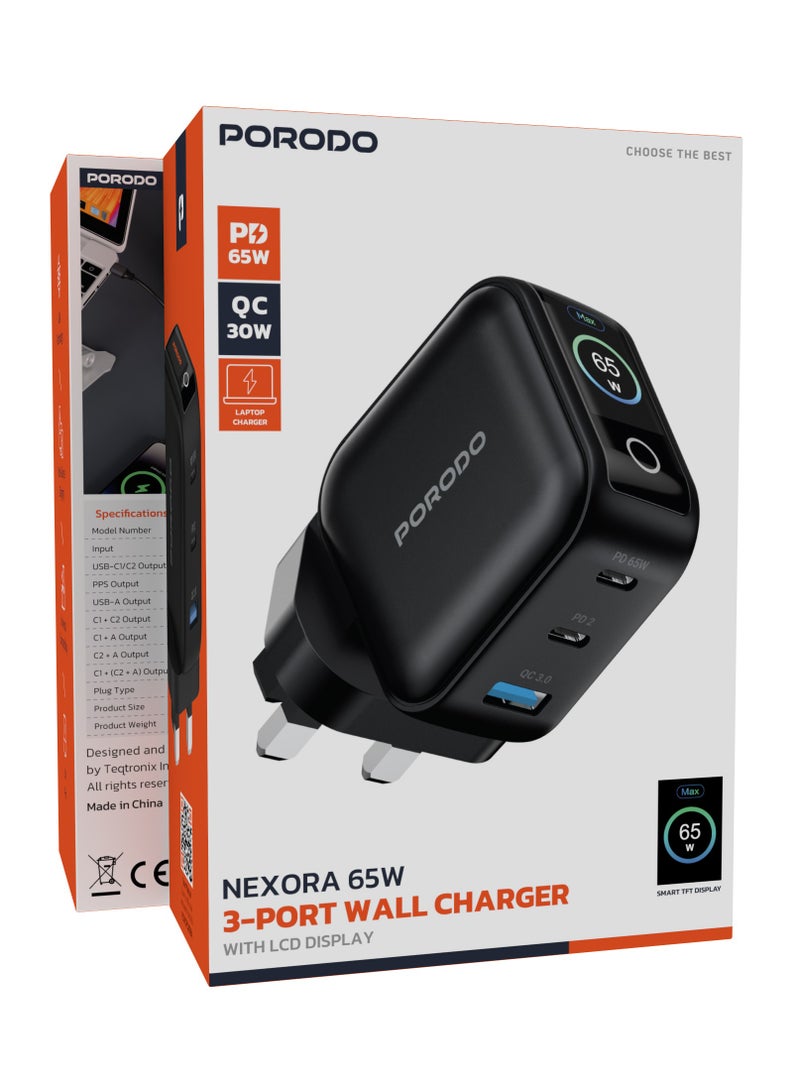 porodo Nexora 65W 3-Port Wall Charger with LCD Display / GaN Technology / Laptop Charger / PD 65W,QC 30W -  Black - Image 5