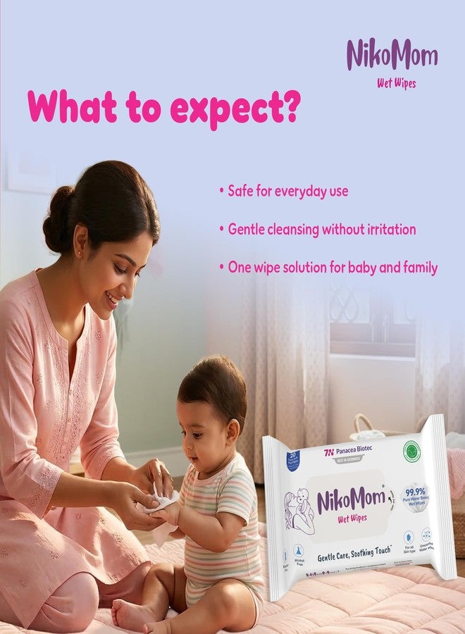 NikoMom 99.9% Pure Water Wet Wipes | Unscented & Hypoallergenic | Extra Soft & Thick with Aloe Vera Extract | Super Saver Pack | Gentle, Safe & Skin-Friendly | Pack of 20 - Image 2
