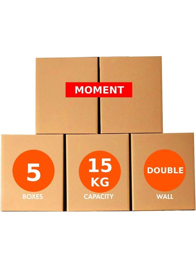 MOMENT [5 Pack] Small Double Wall 100% Recyclable Corrugated Cardboard Moving Boxes With 15 Kg Capacity, [41 X 33 X 33 Cm] Brown Carton For Packaging, Shipping And Storage, 5 Ply  - Image 1