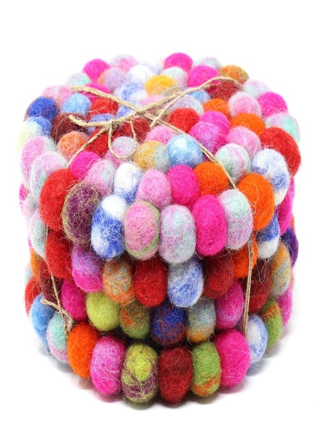 Global Crafts Hand Crafted Felt Ball Wool Coaster Set from Nepal, 4" Natural Drink Coaster, 4-Pack, Rainbow - Image 1