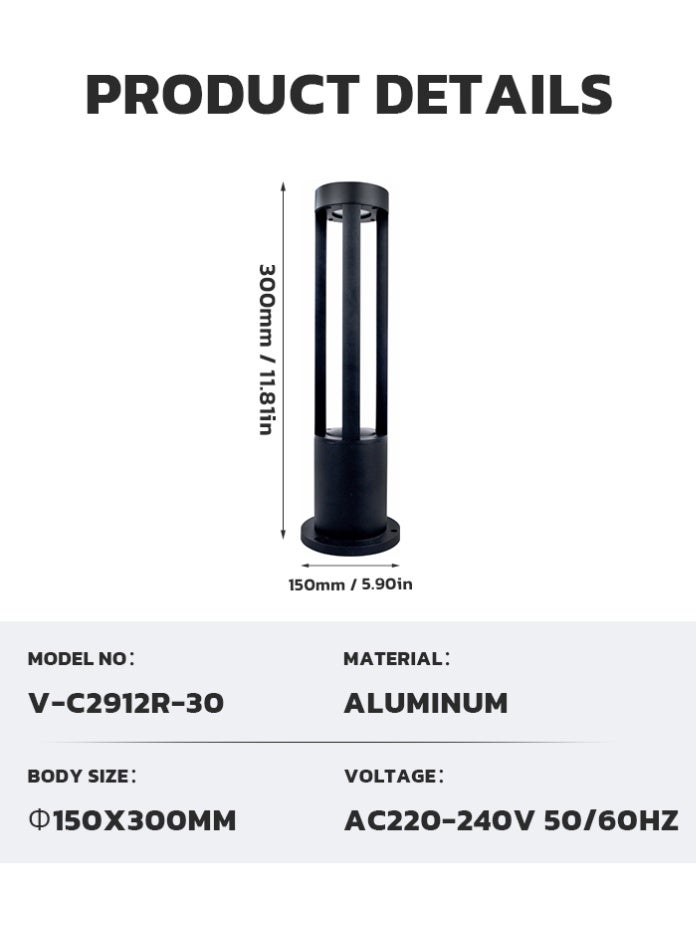 في ماكس مصباح LED دائري الشكل بارتفاع 30 سم - عمود حديقة عصري من الألومنيوم بقوة 12 واط (IP65، AC220-240V) - Image 3