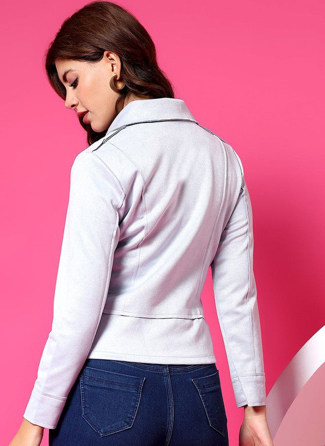 POPCULTR جاكيت رمادي مفصل مع حواف من الفرو الصناعي للنساء - Image 5