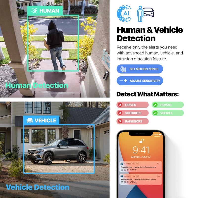 AMCREST كاميرا أمكريست 2-Pack 5MP UltraHD الخارجية مع ميكروفون/صوت، 5 ميغابكسل، رؤية ليلية حتى 98 قدم، زاوية رؤية 132°، مقاومة للعوامل الجوية IP67، تسجيل MicroSD (256GB)، 2PACK-IP5M-T1179EW-AI-V3 أبيض - Image 3