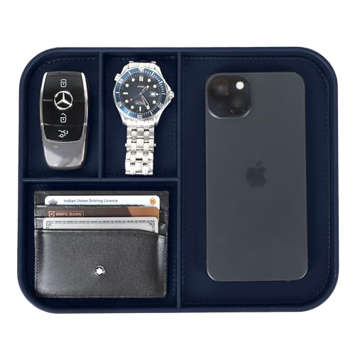 V-CUBE DESIGNS Premium Vegan Leather Valet Tray|Stylish & Modern Office Desk Tray| Table/Bedside/Entryway Organiser for Everyday Essentials Like Keys, Phone, Watch, Wallet, Jewellery|Spill-Proof|Blue - Image 1