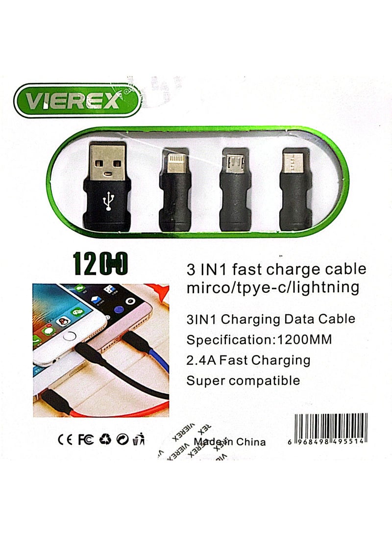 فيريكس كابل شحن 3 في 1 – كابل شحن سريع مزود بموصلات USB Type-C وMicro USB وLightning – سلك شحن عالمي لأجهزة iPhone وSamsung وOppo وHuawei وغيرها - Image 1