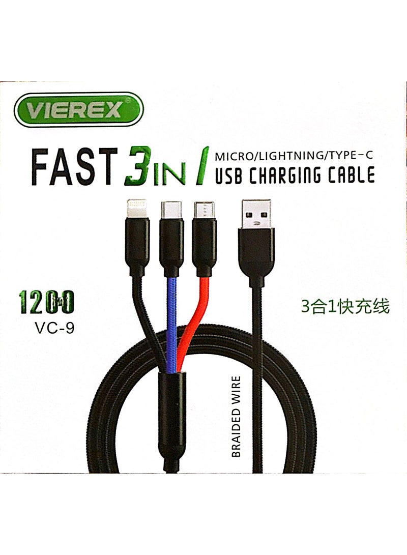 فيريكس كابل شحن 3 في 1 – كابل شحن سريع مزود بموصلات USB Type-C وMicro USB وLightning – سلك شحن عالمي لأجهزة iPhone وSamsung وOppo وHuawei وغيرها - Image 2
