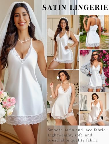 Avidlove Sexy Lingerie for Women Satin Lace Chemise Nightgown Sexy Full Slips Sleepwear White Small - Image 3
