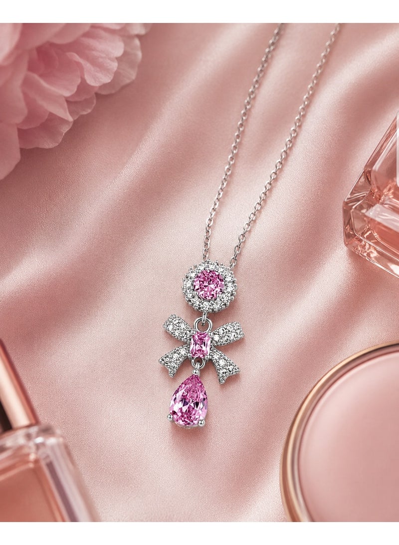 RAFAL Rosalia Women's Silver-Tone Pendant Necklace with Pink Crystal Halo, Bow and Pear Drop - Image 3