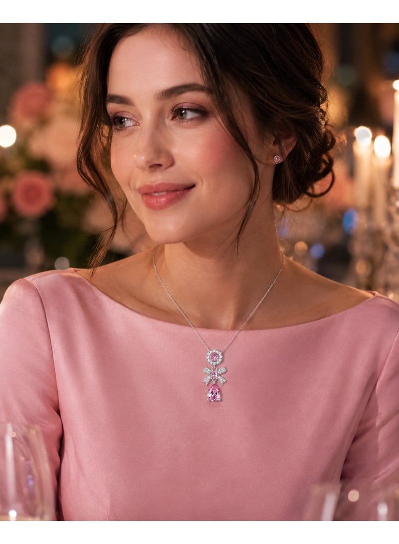 RAFAL Rosalia Women's Silver-Tone Pendant Necklace with Pink Crystal Halo, Bow and Pear Drop - Image 5