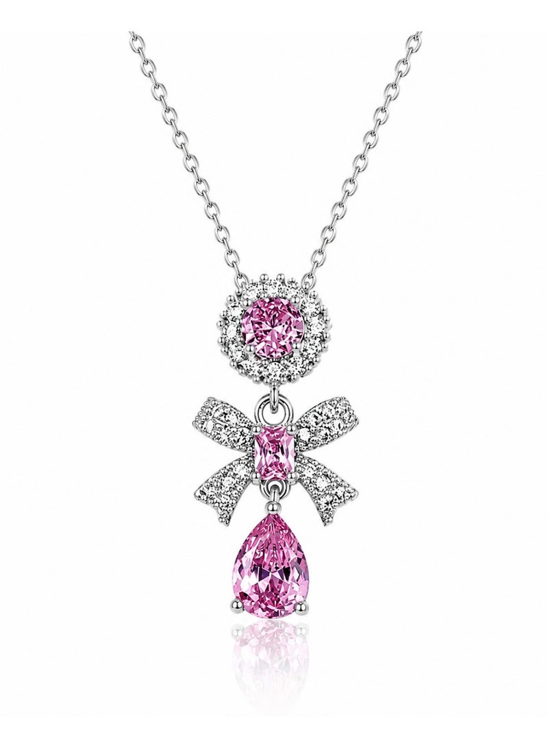 RAFAL Rosalia Women's Silver-Tone Pendant Necklace with Pink Crystal Halo, Bow and Pear Drop - Image 1