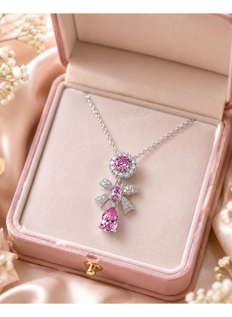 RAFAL Rosalia Women's Silver-Tone Pendant Necklace with Pink Crystal Halo, Bow and Pear Drop - Image 2