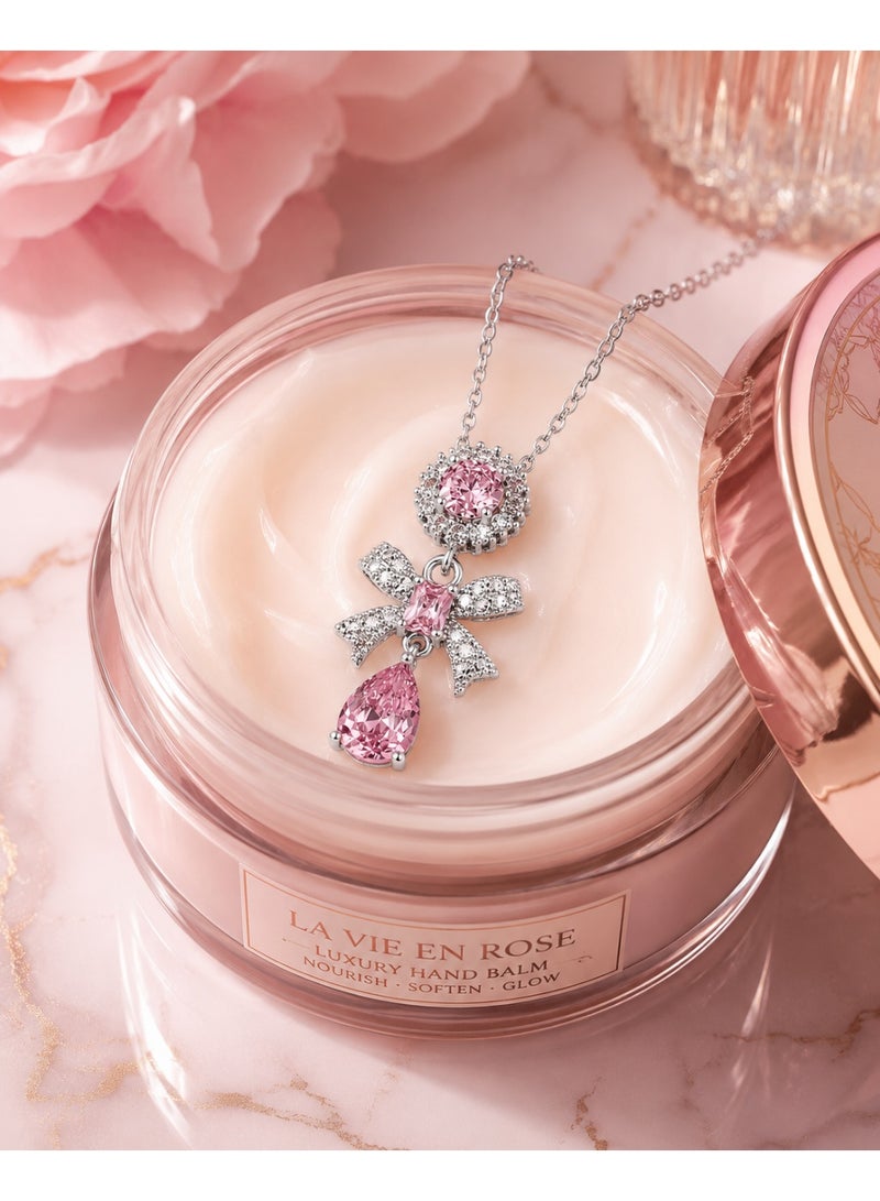 RAFAL Rosalia Women's Silver-Tone Pendant Necklace with Pink Crystal Halo, Bow and Pear Drop - Image 4
