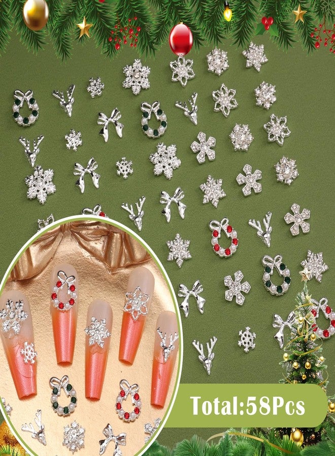 ٥٨ قطعة من زينة الأظافر لعيد الميلاد، زينة أظافر على شكل فيونكة ندفة الثلج، زينة أظافر فضية على شكل فيونكة إكليل، زينة أظافر فضية من سبيكة معدنية بتصميمات عيد الميلاد لتزيين أظافرك بنفسك - Image 4