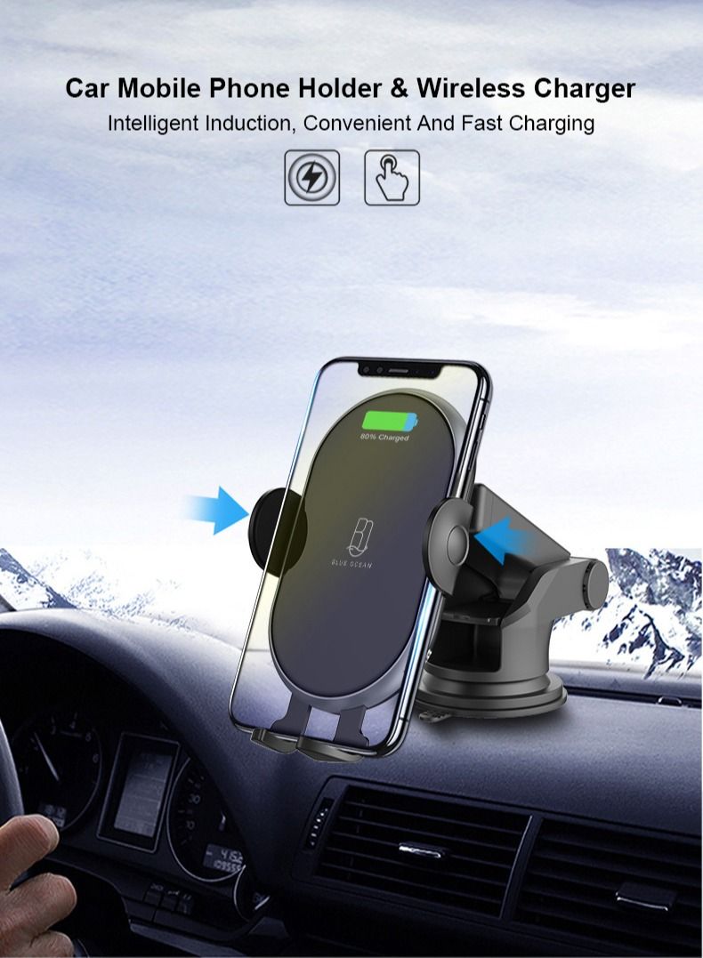 BLUE OCEAN 5 in 1Latest 15W Auto Wireless Car Charger Phone Holder Fast Qi Automatic Clamping Charging Mount Dock, charging cable, 30W mini charger Compatible with iPhone, Samsung, and all Android devices.  - Image 2