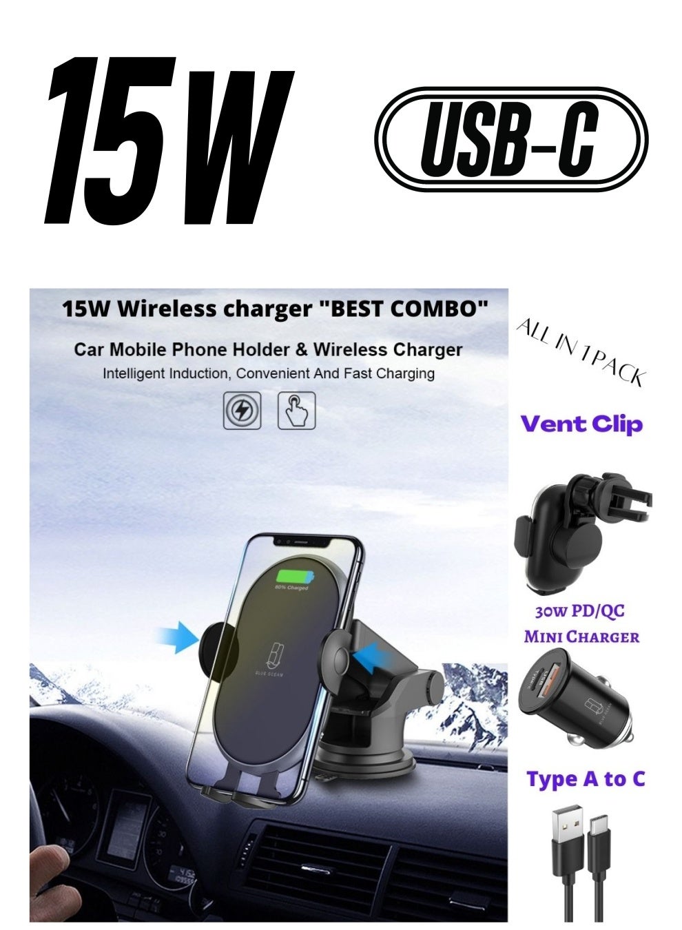 5 in 1Latest 15W Auto Wireless Car Charger Phone Holder Fast Qi Automatic Clamping Charging Mount Dock, charging cable, 30W mini charger Compatible with iPhone, Samsung, and all Android devices.