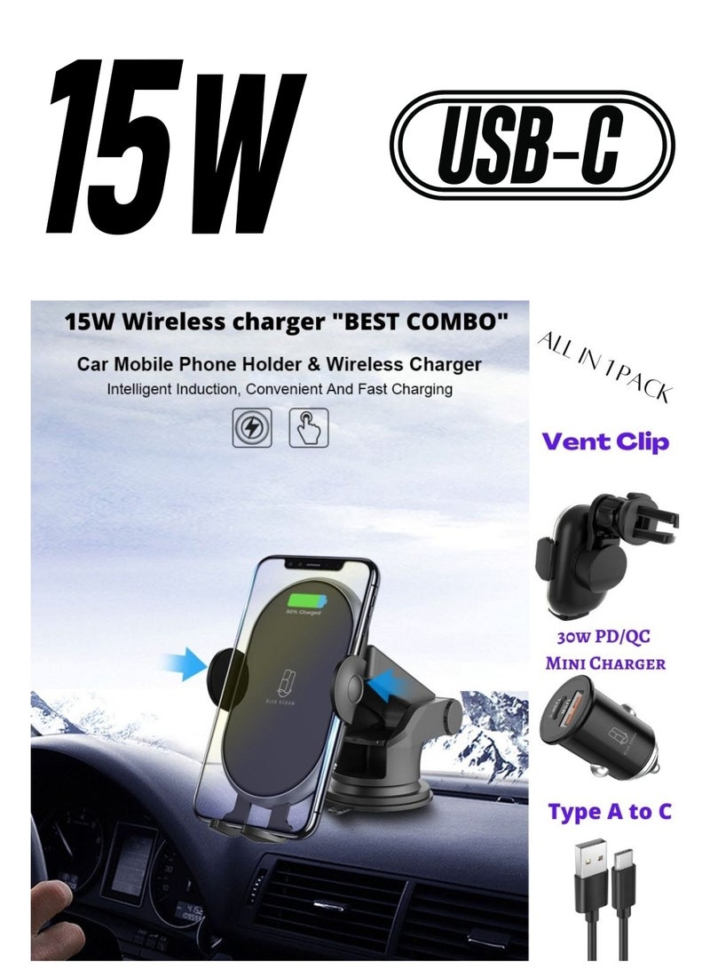 BLUE OCEAN 5 in 1Latest 15W Auto Wireless Car Charger Phone Holder Fast Qi Automatic Clamping Charging Mount Dock, charging cable, 30W mini charger Compatible with iPhone, Samsung, and all Android devices.  - Image 1