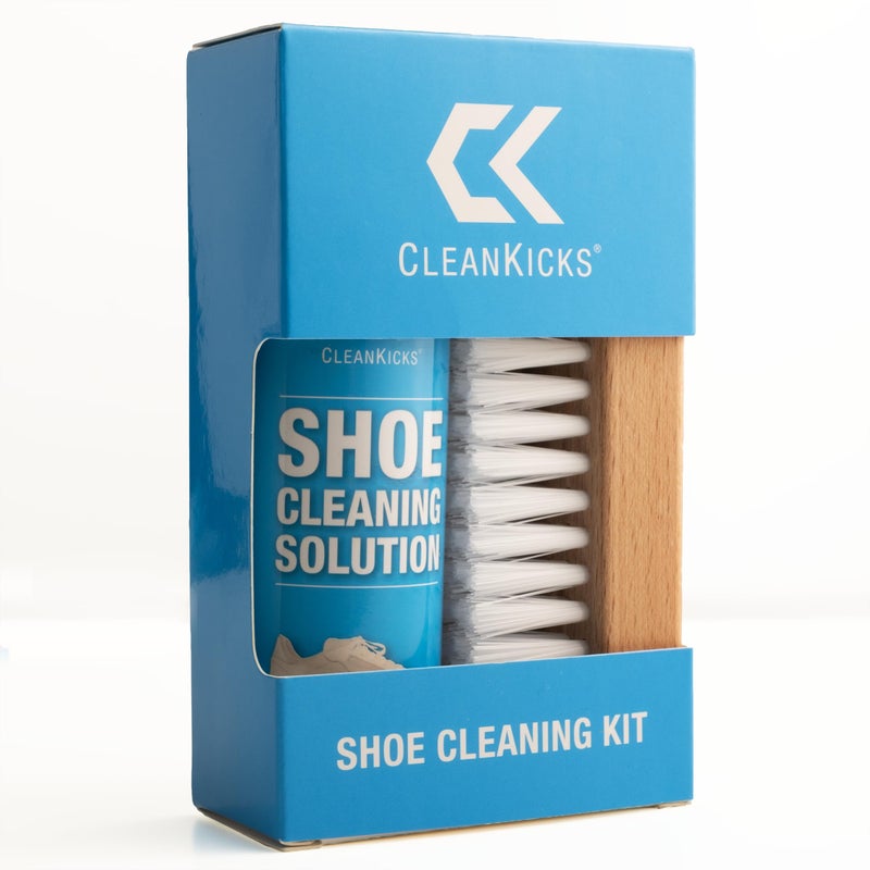 CleanKicks Shoe Cleaning Kit - Footwear Cleaner for Sneakers, Boots, Cleats, and Many Other Shoe Types - (4 Ounce Bottle and Brush). Packaging May Vary Between Green and Blue. - Image 1