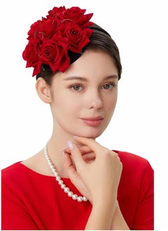رباط رأس على شكل زهرة الورد الأحمر ، قبعة عتيقة من الريش الزهرية للسيدات إكسسوارات زينة لحفلات الزفاف