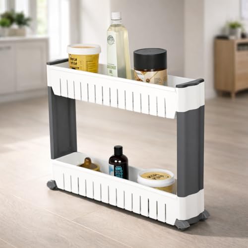 FLIPZON Slim Rolling Storage Rack – 2-Tiered Shelf Plastic Slide-Out Organizer | Space-Saving, Multipurpose | for Kitchen, Bathroom, Laundry, Pantry & Utility Storage | Floor Standing | White & Grey - Image 1