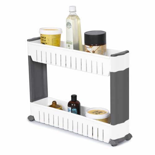 FLIPZON Slim Rolling Storage Rack – 2-Tiered Shelf Plastic Slide-Out Organizer | Space-Saving, Multipurpose | for Kitchen, Bathroom, Laundry, Pantry & Utility Storage | Floor Standing | White & Grey - Image 2