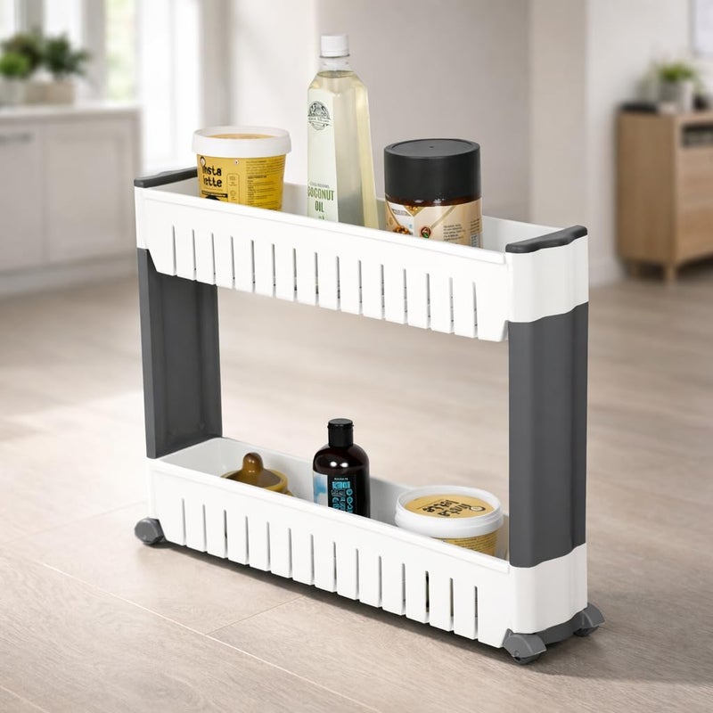 FLIPZON Slim Rolling Storage Rack – 2-Tiered Shelf Plastic Slide-Out Organizer | Space-Saving, Multipurpose | for Kitchen, Bathroom, Laundry, Pantry & Utility Storage | Floor Standing | White & Grey - Image 5