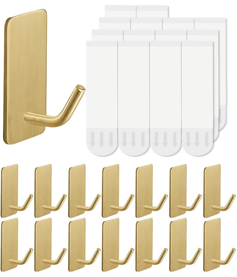 14 Pcs Towel Hooks with Removable Strips for Hanging Adhesive Wall Hooks Heavy Duty Outdoor No Damage Sticky Hook for Bathrooms Shower Stockings Decor Robe Small Gold 304 Stainless Steel