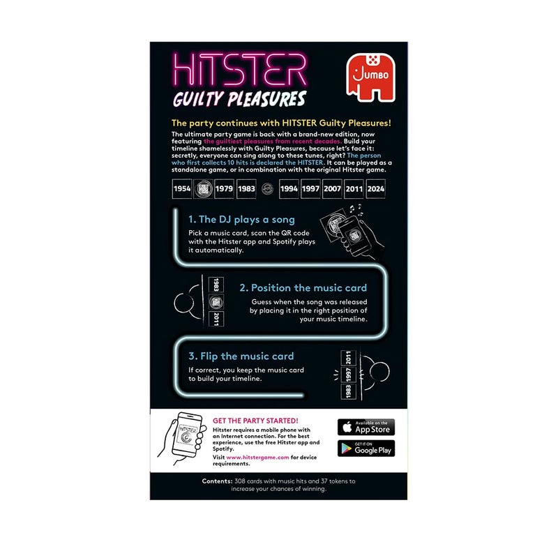 Jumbo Hitster - Guilty Pleasures, Fun Music Quiz Card Game, 2-10 Players - 300 Plus Guilty Pleasure Music Hits - Great for Adult and Family Game Nights (US Edition) - Image 2