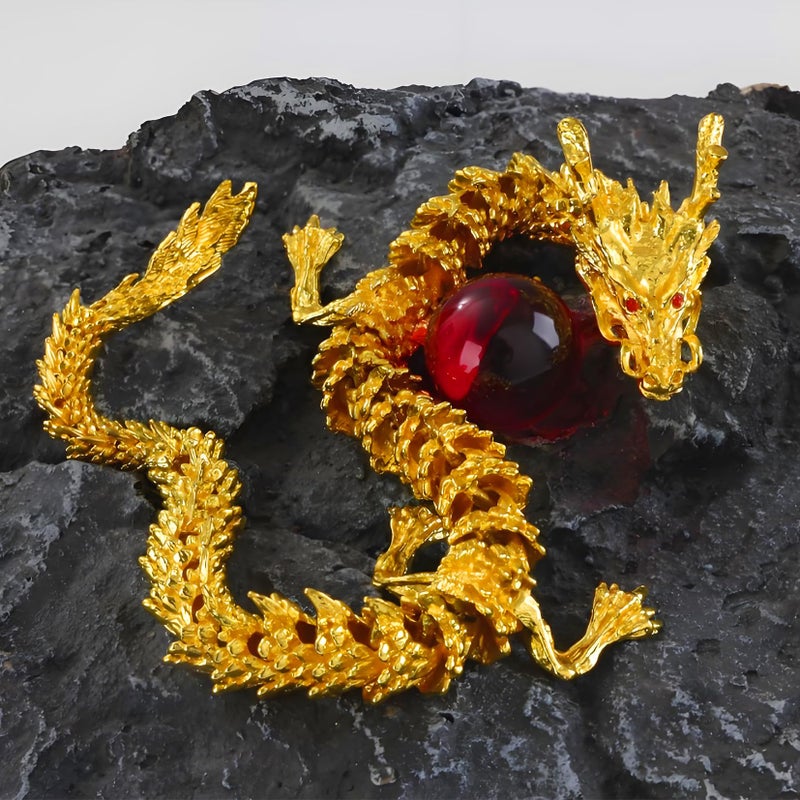 LIYAOLI Large Golden Dragon 3D Printed Articulated Chinese Dragon Statue Metal Gold Dragon 15 Inch Luck Dragon for Home Office Desk Decorationwith Red Gemstone Bead