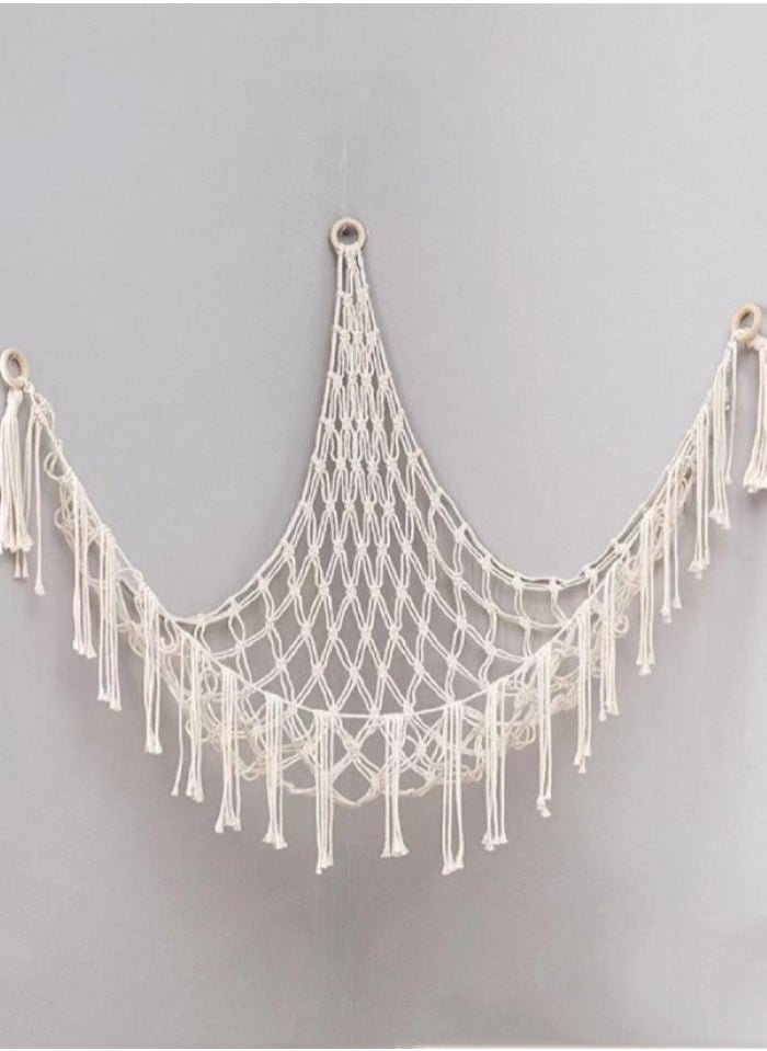 Kutis 1-Piece Tassel Decor Woven Storage Net Boho Braided Design Hanging Storage Net Cotton Off-White 140x110x110 Centimeter  - Image 1