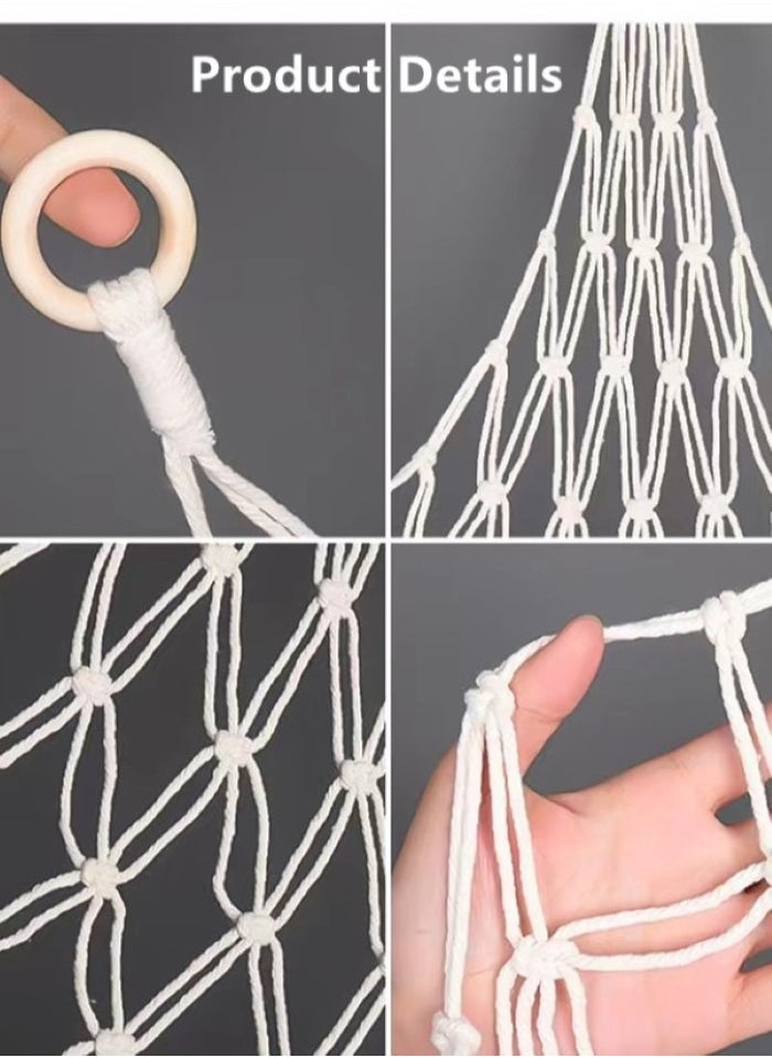 Kutis 1-Piece Tassel Decor Woven Storage Net Boho Braided Design Hanging Storage Net Cotton Off-White 140x110x110 Centimeter  - Image 3