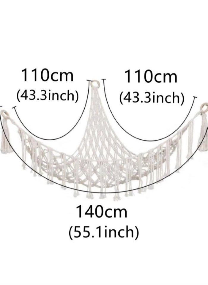Kutis 1-Piece Tassel Decor Woven Storage Net Boho Braided Design Hanging Storage Net Cotton Off-White 140x110x110 Centimeter  - Image 4