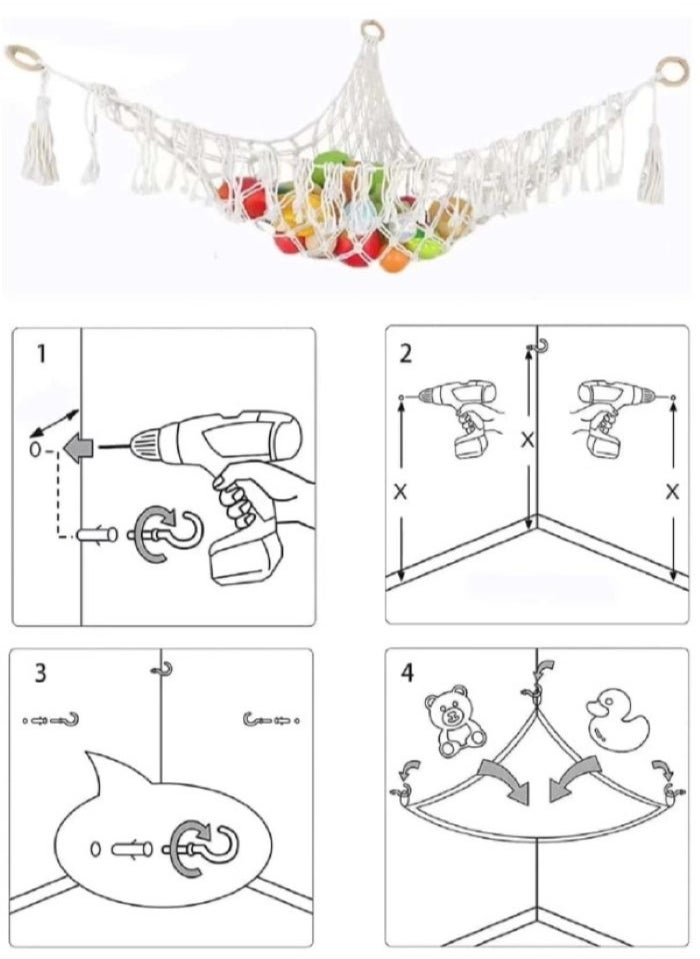 Kutis 1-Piece Tassel Decor Woven Storage Net Boho Braided Design Hanging Storage Net Cotton Off-White 140x110x110 Centimeter  - Image 5