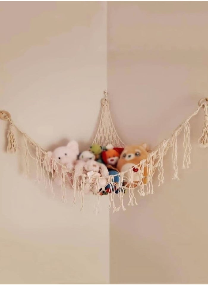 Kutis 1-Piece Tassel Decor Woven Storage Net Boho Braided Design Hanging Storage Net Cotton Off-White 140x110x110 Centimeter  - Image 2