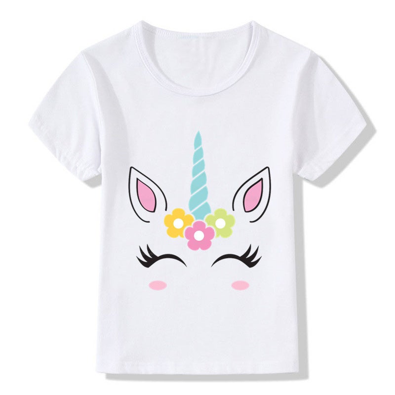 Adult children eyelash ears unicorn horn printed white T-shirt short sleeve women's wish/ - Image 1