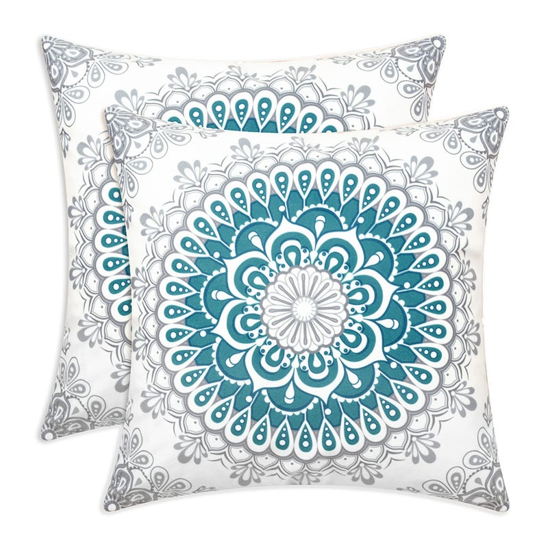 CaliTime Throw Pillow Covers Pack of 2 Cozy Fleece Mandala Dahlia Floral Medallion Compass Style Cushion Cases for Couch Bed Sofa Farmhouse Decoration 16 X 16 Inches Teal Grey