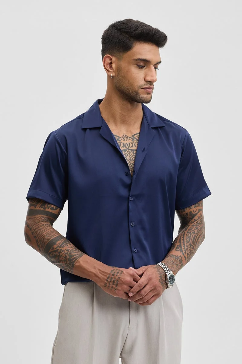 سنيتش Dark Blue Solid Half Sleeve Boxy Casual Shirt