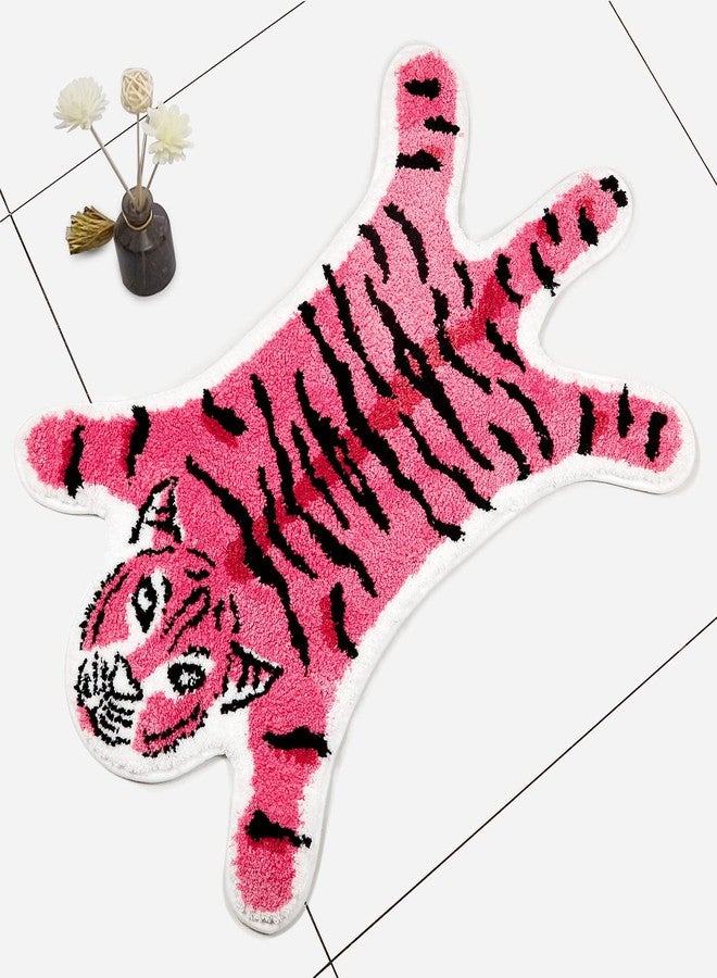 Seek4comfortable Tiger Shaped Rug Bath Mat Pink Tiger Bathroom Rug Non-Slip Door Mat Animals Printed Area Rug Carpet Small Home Decor Mat Playmat Bathroom Shower Rugs, 33.5x21.6inch - Image 1
