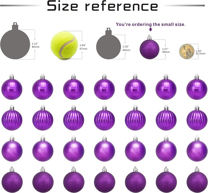 AUXO-FUN Small Size 28ct shatterproof Christmas Ball Ornaments in 4 Classic finishes for Christmas Tree Decoration (Purple, 1.57“ Mini Size) - Image 3