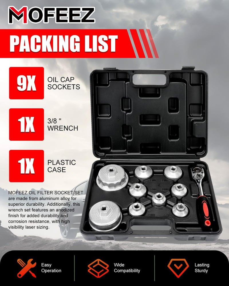MOFEEZ Oil Filter Wrench Set, 10 Pieces Oil Filter Socket Set, 3/8" Drive Metric Oil Filter Cap Wrench Removal Tool Kit Compatible with Toyota VW BMW Mercedes - Image 2