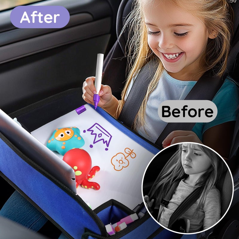 UTOLOVE Kids Travel Tray, Kids Travel Trays for Car Seat, Road Trip Essentials for Toddler, Carseat Lap Tray with Dry Erase Board & Storage Organizer for Road Trip Activities for Kid, Blue - Image 2