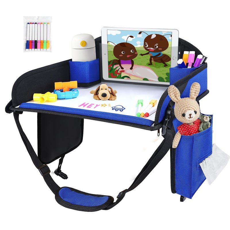 UTOLOVE Kids Travel Tray, Kids Travel Trays for Car Seat, Road Trip Essentials for Toddler, Carseat Lap Tray with Dry Erase Board & Storage Organizer for Road Trip Activities for Kid, Blue - Image 1